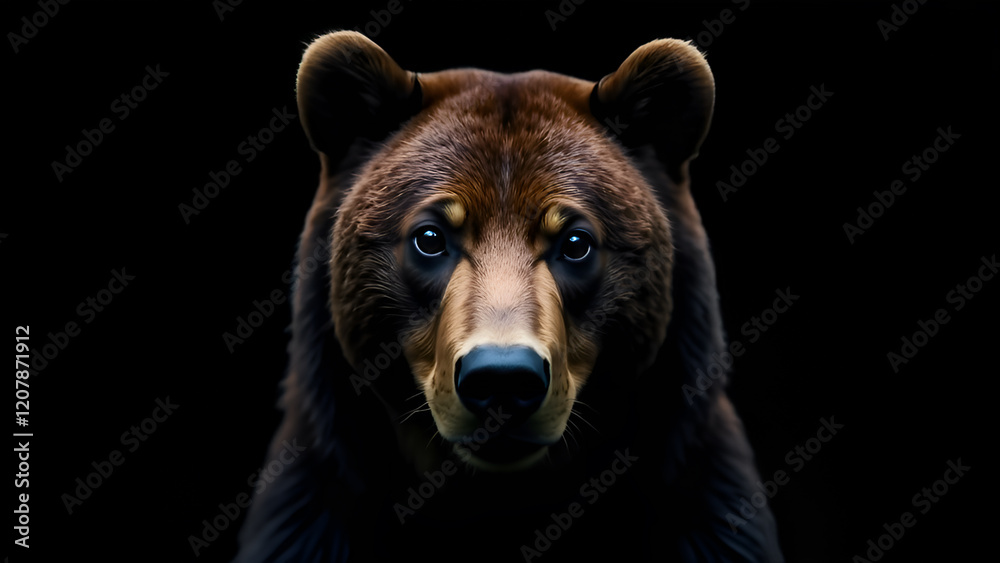 A detailed closeup shot of a brown bears expressive face set against a solid black background, showcasing its features beautifully