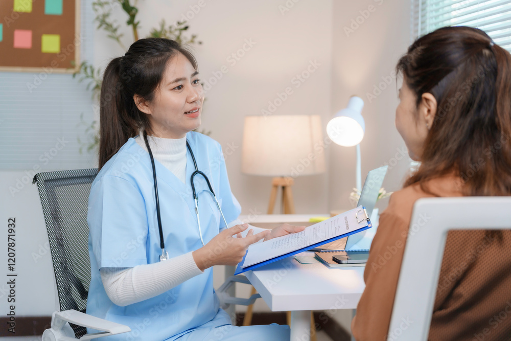 Fototapeta premium Doctor explaining diagnosis to her patient holding a clipboard and showing medical records