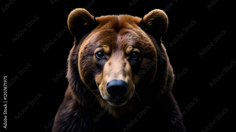 A detailed closeup shot of a brown bears expressive face set against a solid black background, showcasing its features beautifully