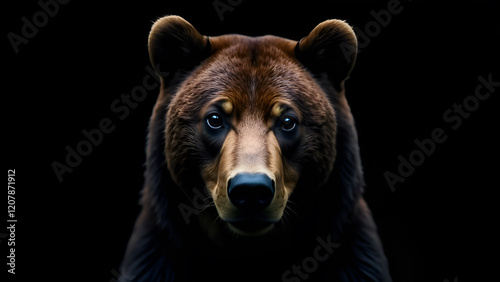 Obraz na płótnie A detailed closeup shot of a brown bears expressive face set against a solid black background, showcasing its features beautifully w salonie