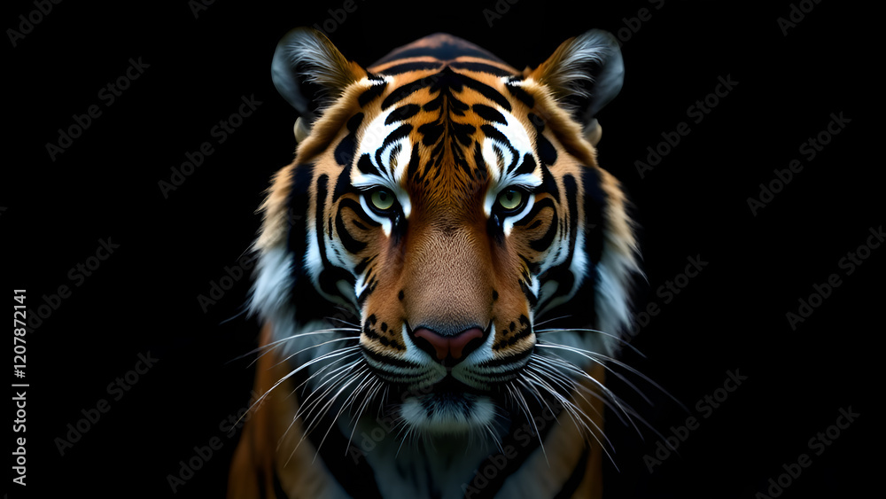 This image features a detailed and striking closeup of a tigers magnificent face set against a deep black background, emphasizing its features