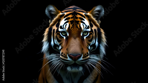 Obraz na płótnie This image features a detailed and striking closeup of a tigers magnificent face set against a deep black background, emphasizing its features w salonie