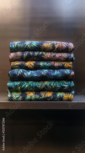 Folded Hawaiian shirts with vibrant tropical patterns stacked neatly