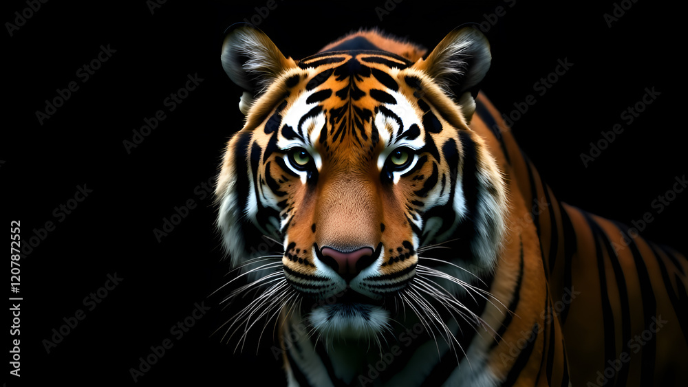 This image features a detailed and striking closeup of a tigers magnificent face set against a deep black background, emphasizing its features