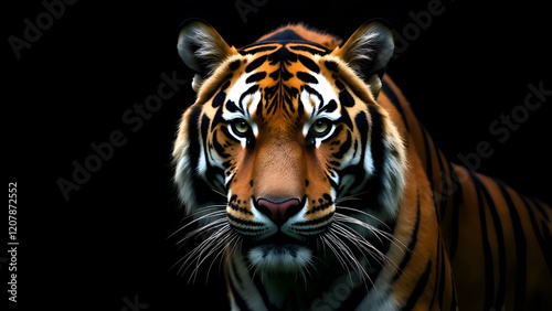 Obraz na płótnie This image features a detailed and striking closeup of a tigers magnificent face set against a deep black background, emphasizing its features w salonie