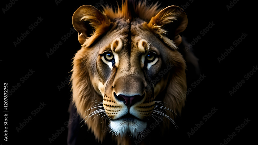 Fototapeta premium This image features an extreme closeup shot of a lions majestic face set against a deep black background, highlighting its features