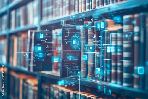 Concept of an e library with virtual icons computer