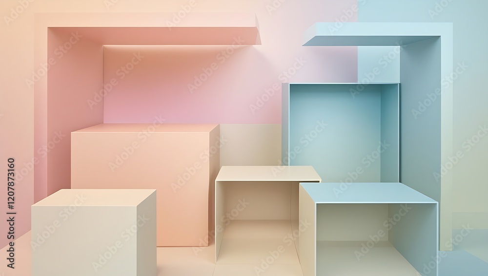 Abstract geometric background with soft pastel gradient from light peach to pale blue, featuring overlapping translucent cubes and rectangles in a modern, minimalist design. Abstract geometric background with soft pastel gradient from light peach to pale blue, featuring overlapping translucent cubes and rectangles in a modern, minimalist design.