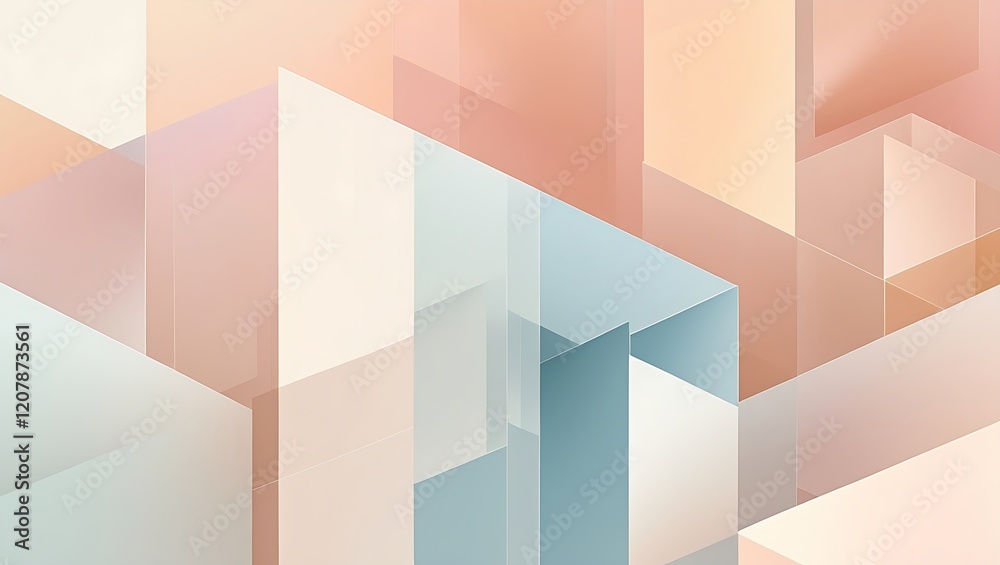 Abstract geometric background with soft pastel gradient from light peach to pale blue, featuring overlapping translucent cubes and rectangles in a modern, minimalist design.