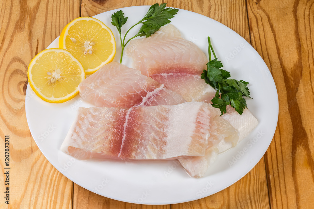 Pangasius fillet pieces on dish with lemon on rustic table Pangasius fillet pieces on dish with lemon on rustic table
