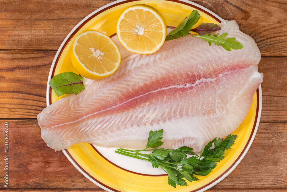 Pangasius fillet on yellow dish with lemon on rustic table Pangasius fillet on yellow dish with lemon on rustic table