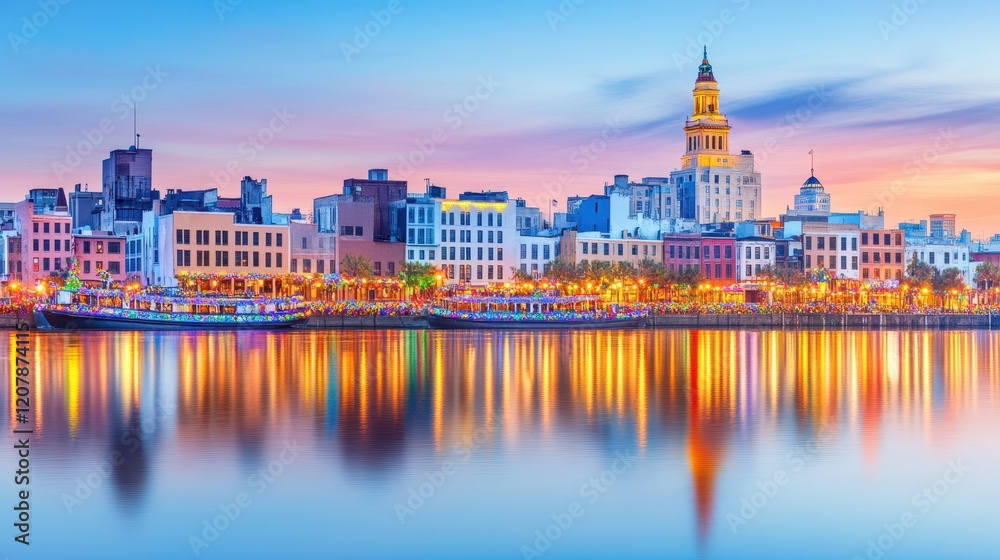 Obraz premium Charleston Waterfront at Dusk: Vibrant cityscape of Charleston, South Carolina, reflecting on calm water at sunset. Colorful buildings line the waterfront, creating a picturesque scene.