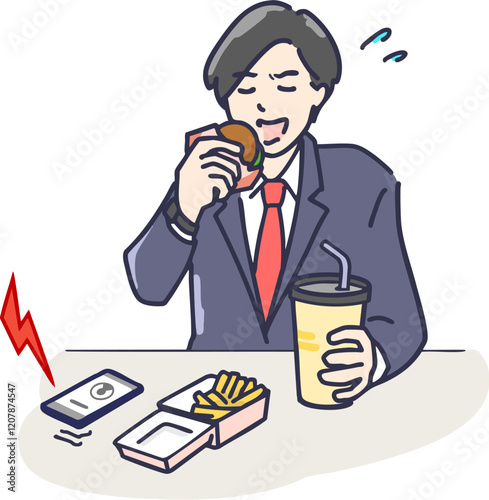 慌ててファーストフードを食べる多忙のスーツ男性イラスト