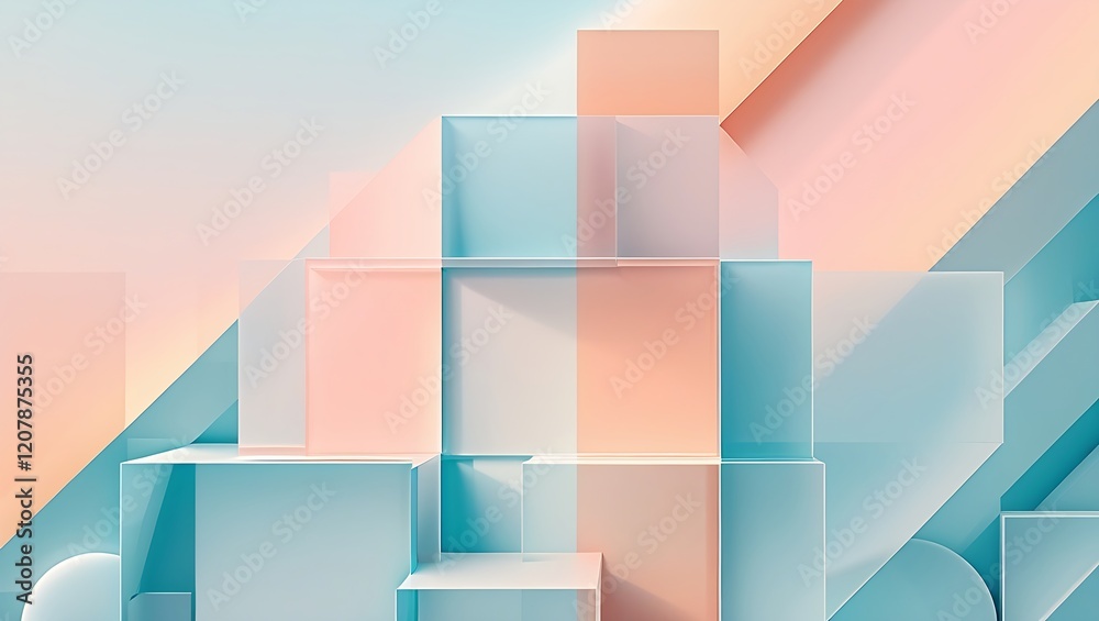 Fototapeta premium Abstract geometric background with soft pastel gradient from light peach to pale blue, featuring overlapping translucent cubes and rectangles in a modern, minimalist design.