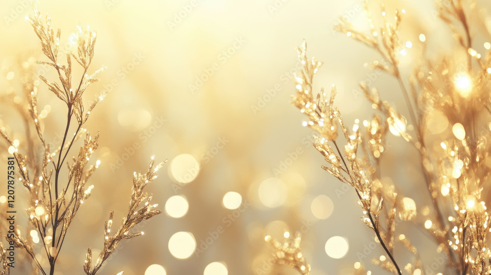 Fototapeta premium Golden bokeh background with sparkling branches in soft sunlight