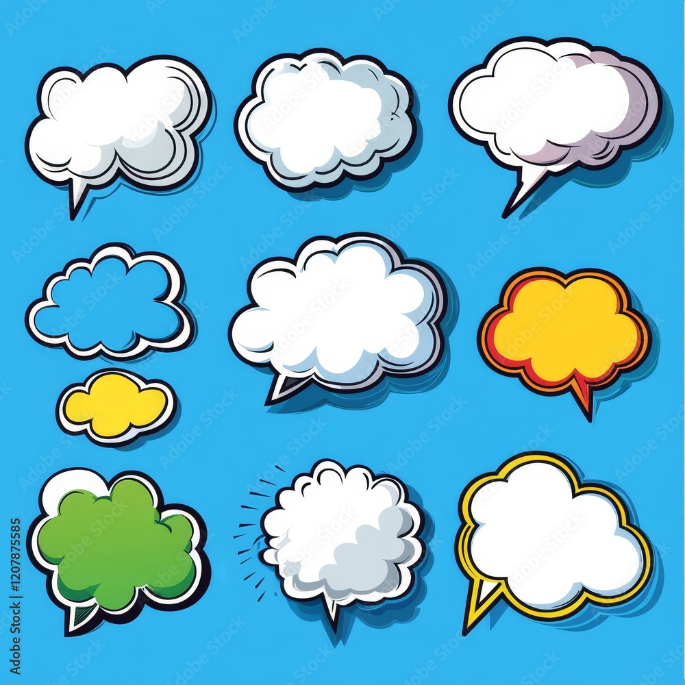 Collection of colorful comic speech bubbles on blue background. Collection of colorful comic speech bubbles on blue background.