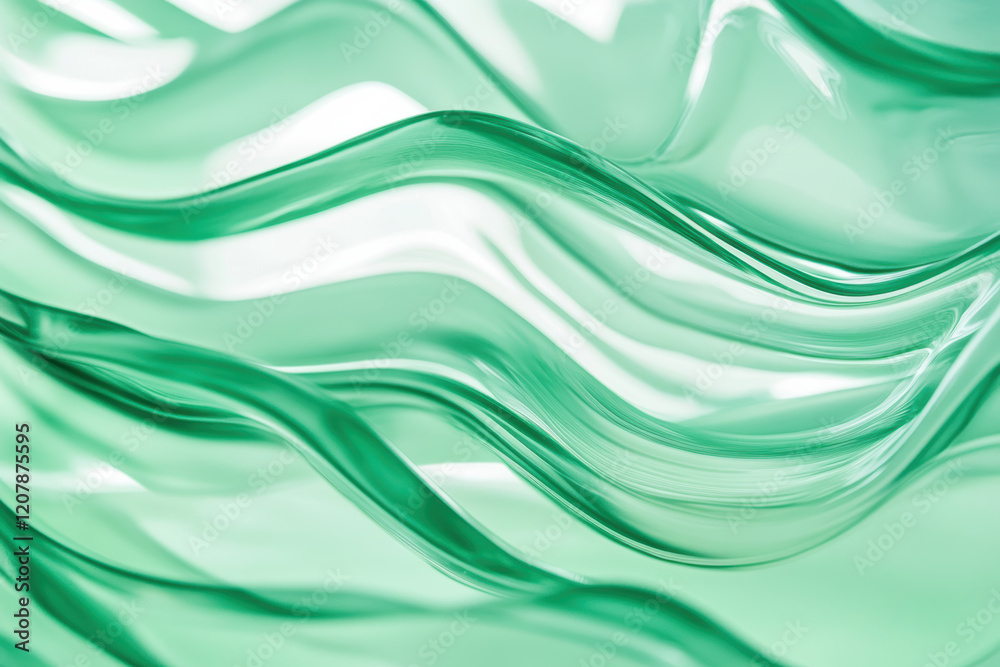 Fototapeta premium Fluid green abstract waves with glossy texture reflecting light