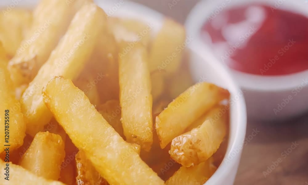 Crispy golden French fries served in a bowl with a small dish of ketchup, perfect for snacking or as a side dish. Crispy golden French fries served in a bowl with a small dish of ketchup, perfect for snacking or as a side dish.