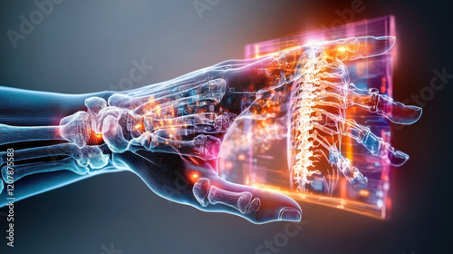 colorful and vibrant X ray inspired illustration of human hand displaying intricate bone structures alongside glowing spinal column. This artwork captures beauty of human anatomy and technology photo