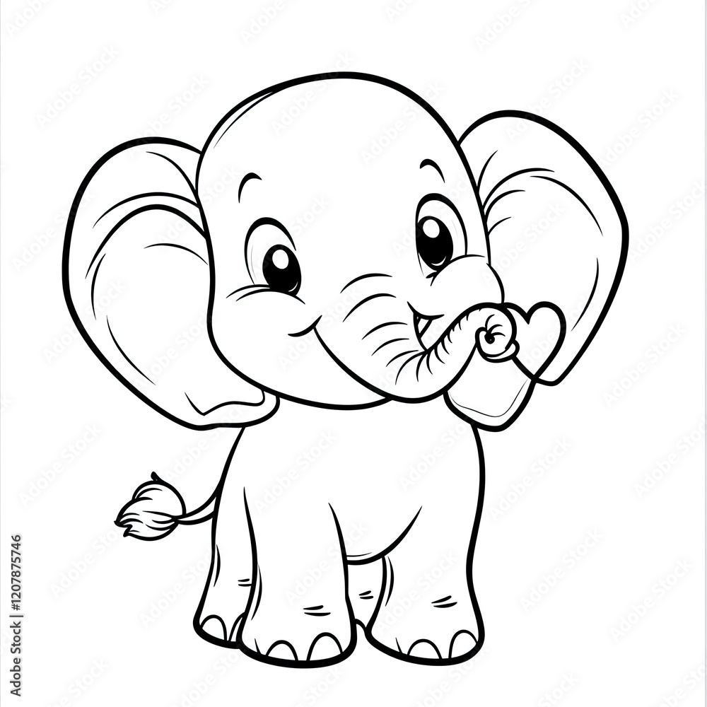 Simple Coloring Book Page Elephant with Heart Illustration for Kids
