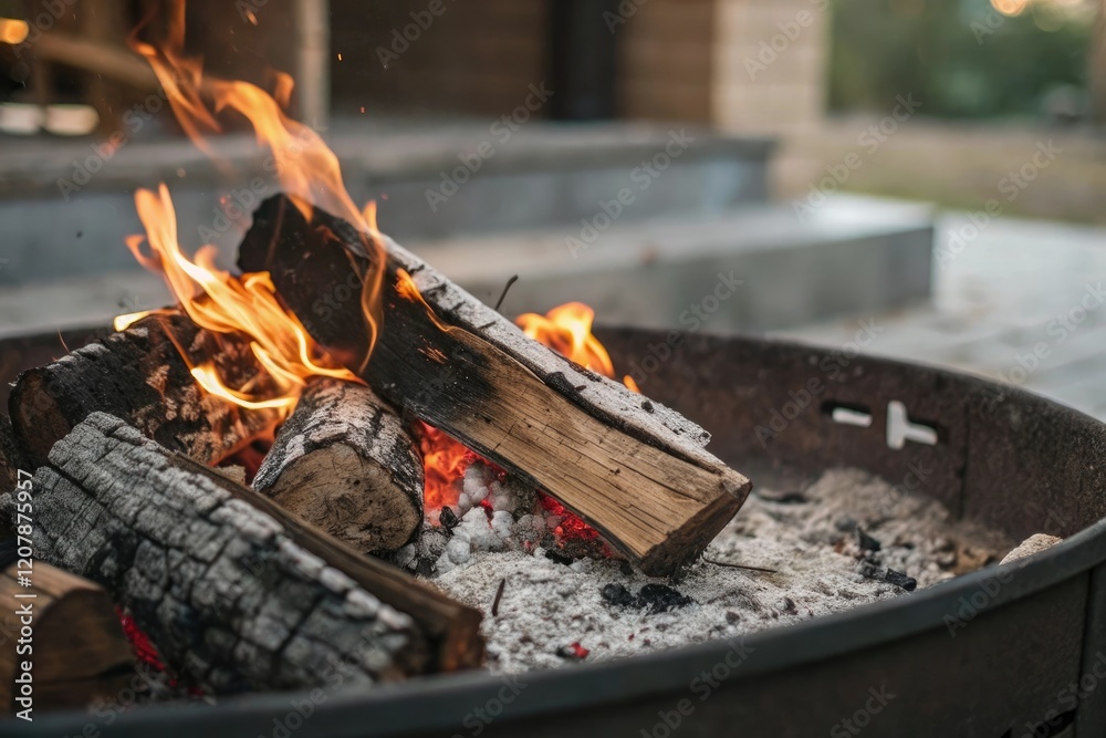 Close-up of burning wood and ashes in a metal fireplace, sparks, dark background, metal fireplace, wood Close-up of burning wood and ashes in a metal fireplace, sparks, dark background, metal fireplace, wood