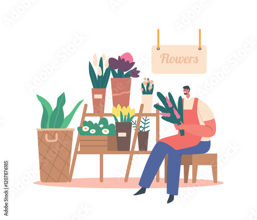 Floral Designer Male Character Arranging Bouquet For Customer In Flower Shop Or Store. Florist Man Compose Bouquet