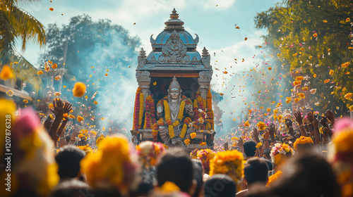 Chariot Procession: A grand image of the silver chariot carrying Lord Murugan’s statue, surrounded by a crowd of devotees offering prayers, with colorful flower garlands and incense smoke in the air.