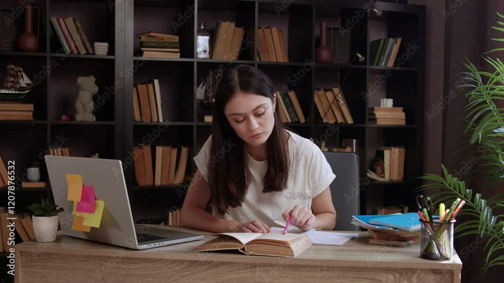 Female student sitting in library doing homework and preparing for college exam test. Young woman writing notes in notebook from textbook carefully reading information from book writing on paper