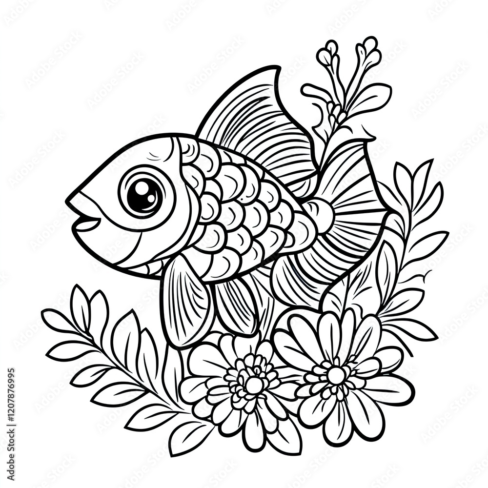 Obraz premium Adorable Fish and Flowers Coloring Book Page for Kids
