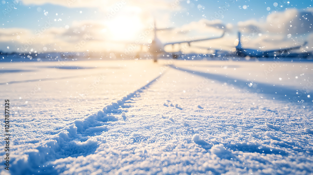 Snow-covered airport runway with faint tire tracks, soft winter sunlight casting long shadows, blurred background of distant planes, shallow depth of field, professional commercial photography. Snow-covered airport runway with faint tire tracks, soft winter sunlight casting long shadows, blurred background of distant planes, shallow depth of field, professional commercial photography.