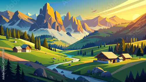 Morning view of the alpine valley in sunlight. Location place Puez-Geisler National Park, Seceda peak, Italy.