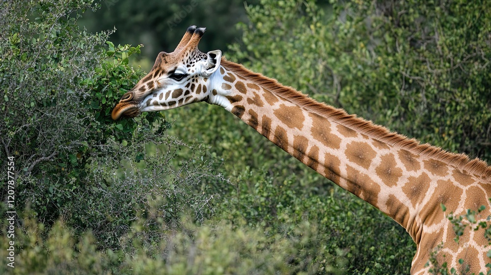 Giraffe gracefully feeding on green foliage in its habitat Giraffe gracefully feeding on green foliage in its habitat