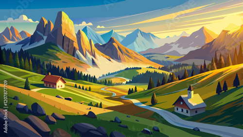Morning view of the alpine valley in sunlight. Location place Puez-Geisler National Park, Seceda peak, Italy.
