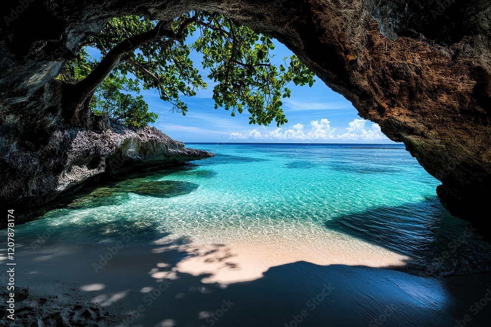 hidden tropical cove with crystal-clear turquoise water, white sandy beach, lush green foliage, and overhanging rocks, perfect for a tranquil holiday escape in a serene paradise hidden tropical cove with crystal-clear turquoise water, white sandy beach, lush green foliage, and overhanging rocks, perfect for a tranquil holiday escape in a serene paradise
