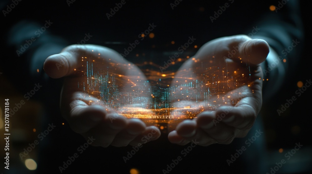 Person holding digital data, night, city background, future tech Person holding digital data, night, city background, future tech
