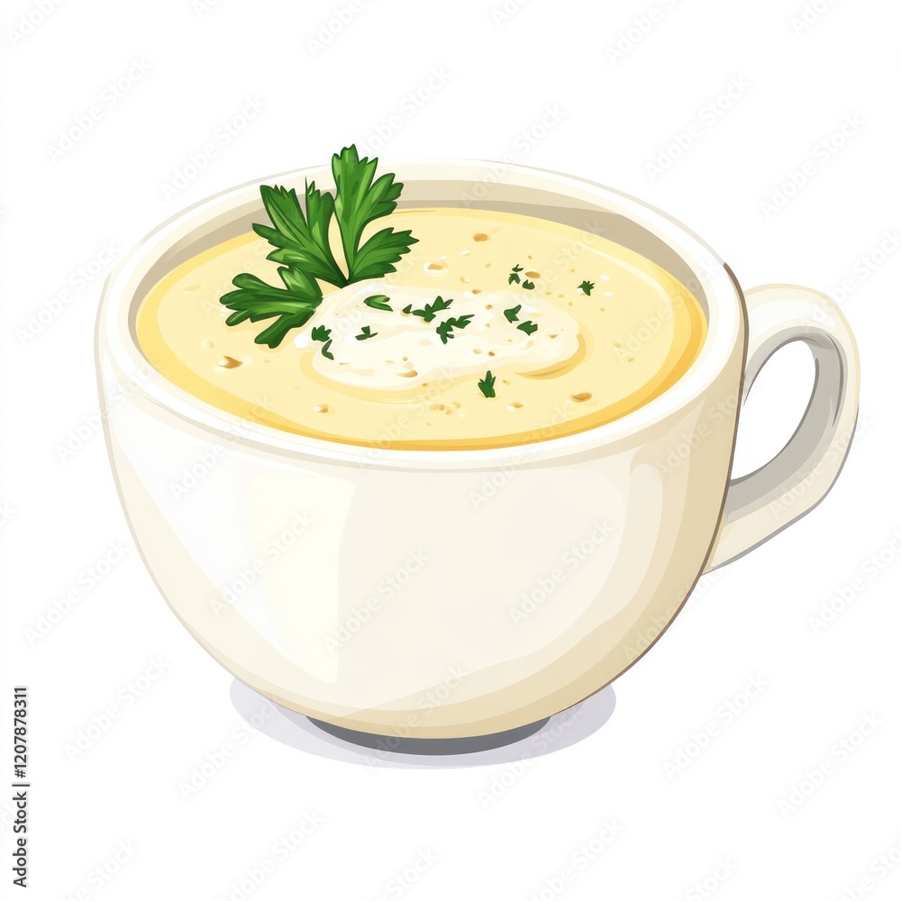 Cream soup in a cup garnished with herbs and cream for food blog recipe