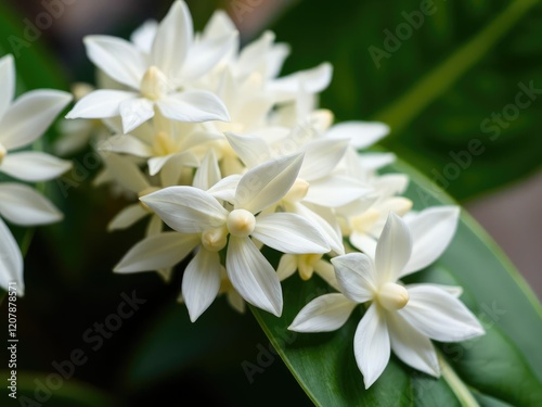 Close-up of white flowers on the spathiphyllum wallisii, floral pattern, botanical illustration, elegant texture