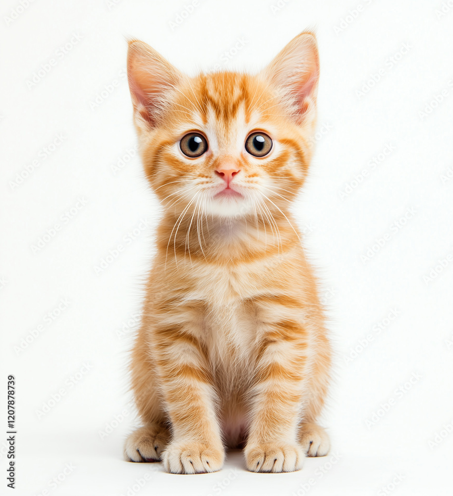 Front View Orange Kitten sitting on white background Front View Orange Kitten sitting on white background