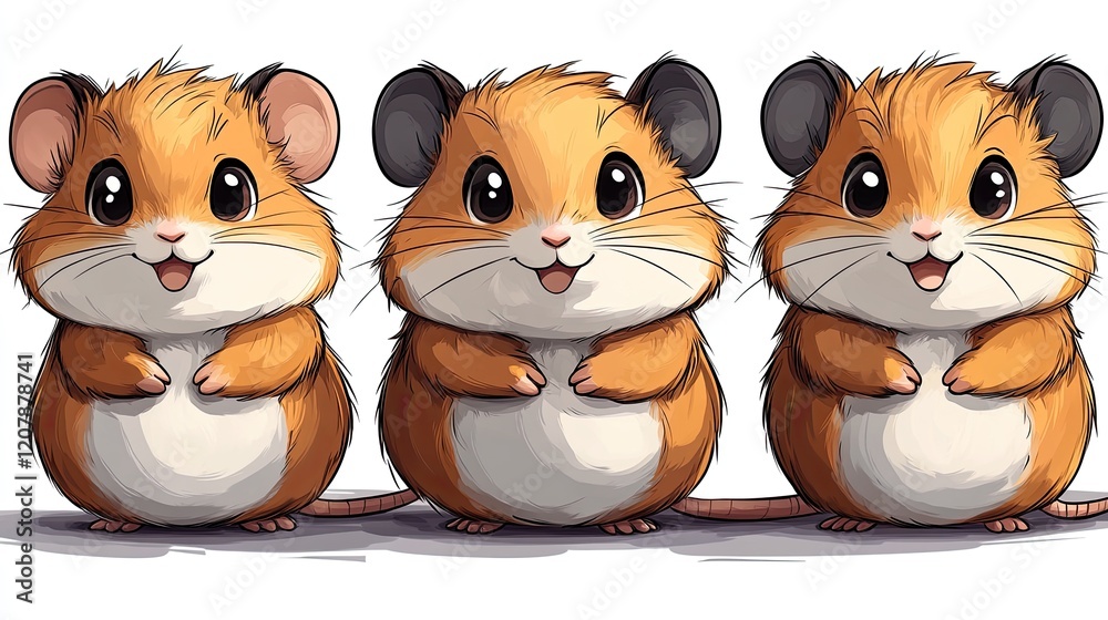 Three cute hamsters smiling, digital art, white background, children's book illustration Three cute hamsters smiling, digital art, white background, children's book illustration