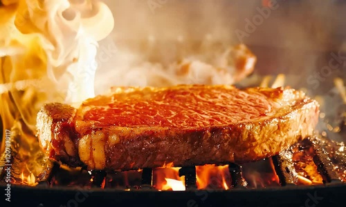 A juicy steak sizzling on a grill, surrounded by steam, the cooking process and enhancing flavors.