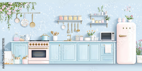 whimsical kitchen illustration featuring pastel blue color scheme, vintage appliances, and decorative plants, creating cheerful and inviting atmosphere