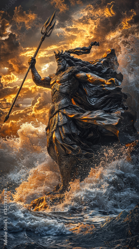 custom made wallpaper toronto digitalmajestic bronze statue of Poseidon wielding trident amidst crashing waves and dramatic clouds