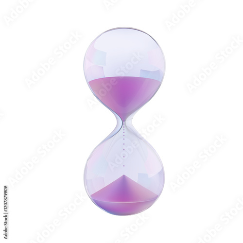 Pink sand hourglass, glass clock. Hour budget countdown watch. Transparent sandglass game 3d concept. Cute neon simple timer icon. Abstract realistic wait time icon. Classic urgent task, flowing time