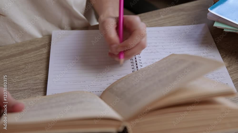 Close-up image of a female student studying and summarizing information from a book and taking notes on paper. The left-handed girl is reviewing several ideas from the book and writing in a notebook