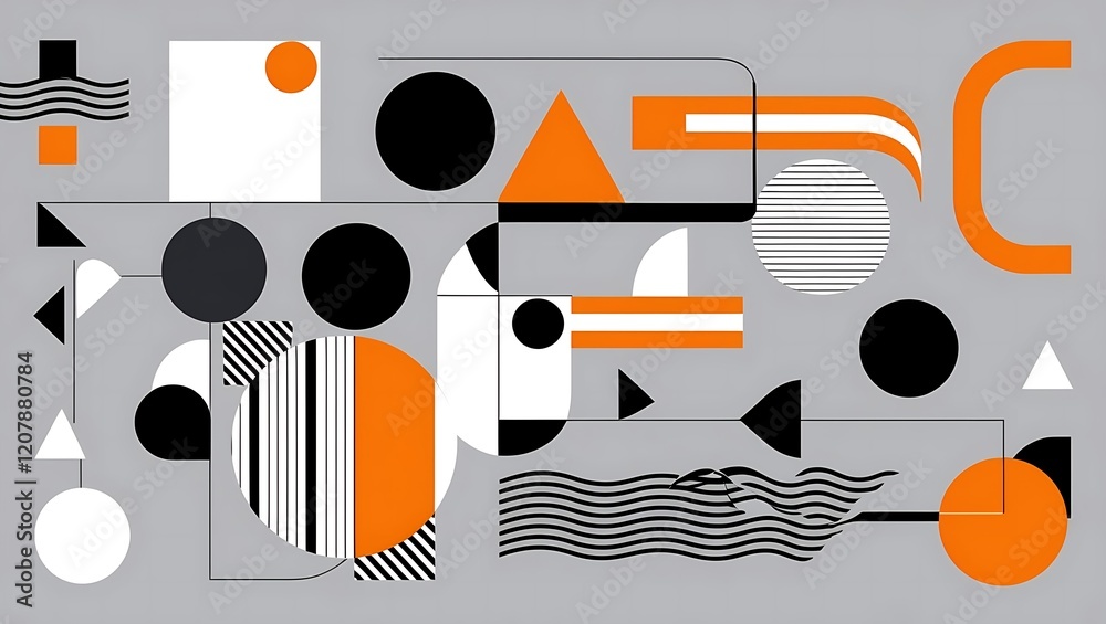 Minimalist geometric abstract art with circles, triangles, squares, and wavy lines in black, white, and orange on a light gray background. Playful, balanced, and contemporary design. Minimalist geometric abstract art with circles, triangles, squares, and wavy lines in black, white, and orange on a light gray background. Playful, balanced, and contemporary design.