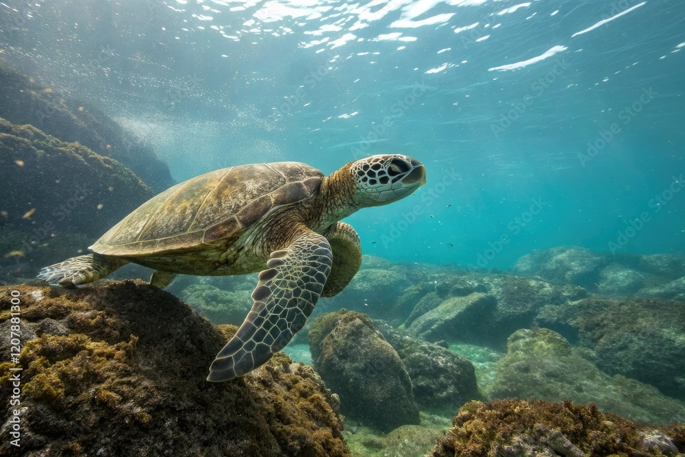 Obraz premium Ancient sea turtle species megalochelys in a rocky sea, fossil record, marine paleontology