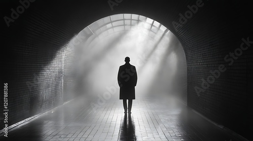Man in Coat Stands Alone in Foggy Tunnel