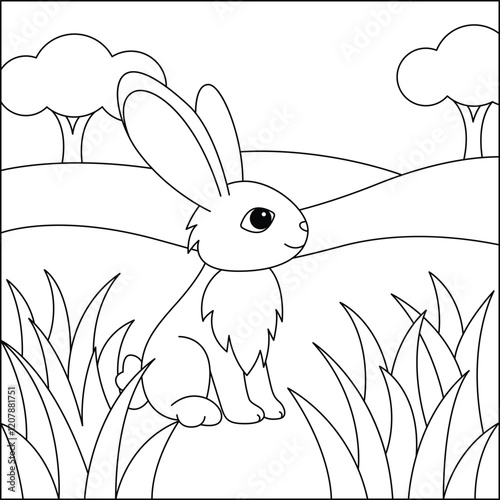 Bunny in a nature line art coloring page for kids