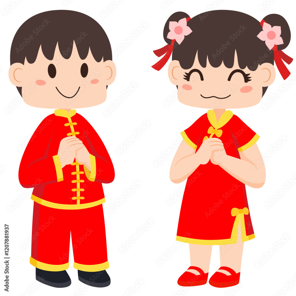 Cute Kids, Little Girl And Little Boy Wearing Traditional Chinese Clothes In Greeting Pose, Vector Illustration. Chinese Lunar New Year.
