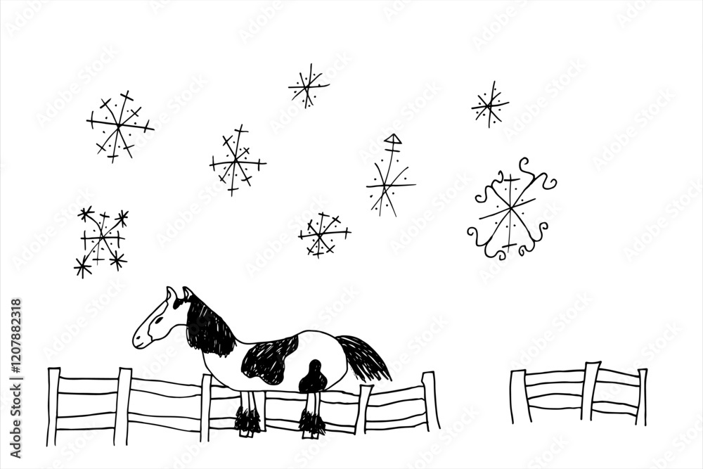 Fototapeta premium Drawn pony, children's scribbles. Black and white doodle illustrations of snowflakes and a horse against a fence. Picture for children's magazines.